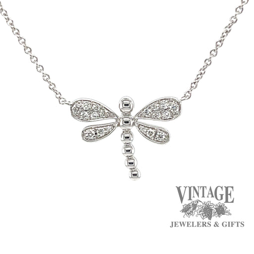 14 karat white gold .14 carats total weight diamond dragonfly necklace