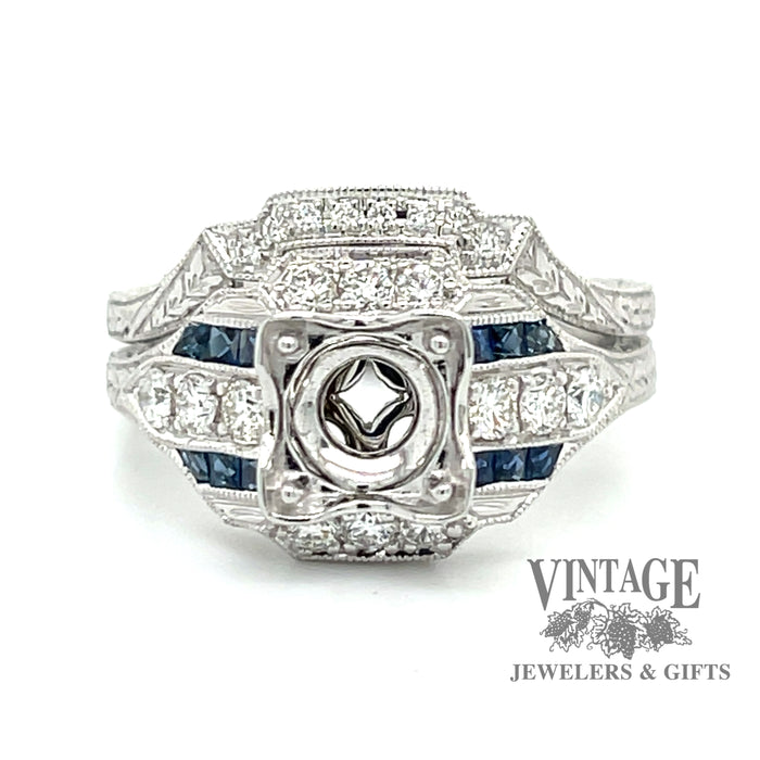 Diamond and sapphire hand engraved white gold semi-mount ring