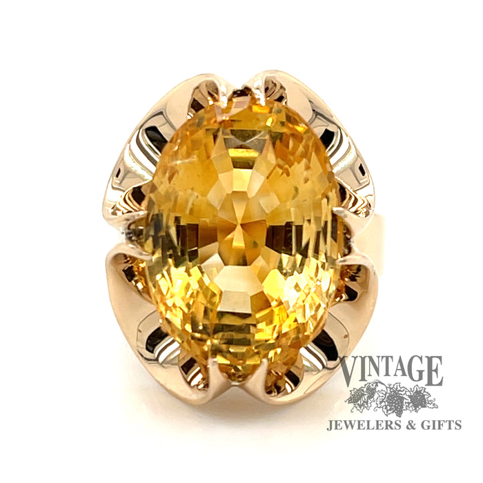 14 karat yellow gold oval golden citrine belcher style ring, from top