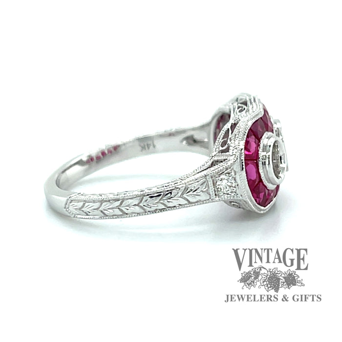 Ruby and diamond vintage inspired three stone 14kw gold ring