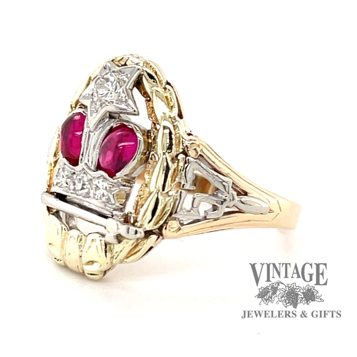 14 karat two-tone gold Ruby and diamond Eastern Star ring, angled view