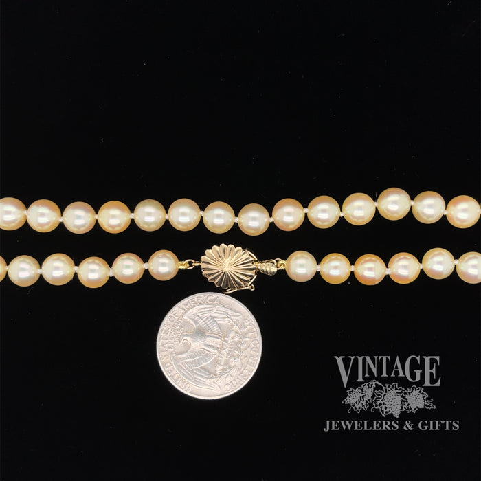 16” Akoya cultured pearl necklace with 14 karat yellow gold scalloped clasp, shown with quarter for size reference