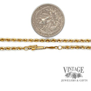 22”, 2.2mm thickness 14ky gold rope chain quarter for scale