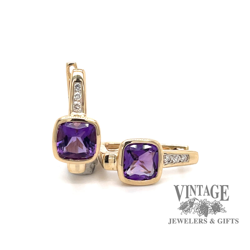 Amethyst cushion and diamond 14ky gold clip earrings