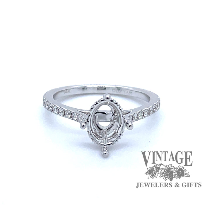 14 karat white gold diamond semi mount ring for oval stone, front view
