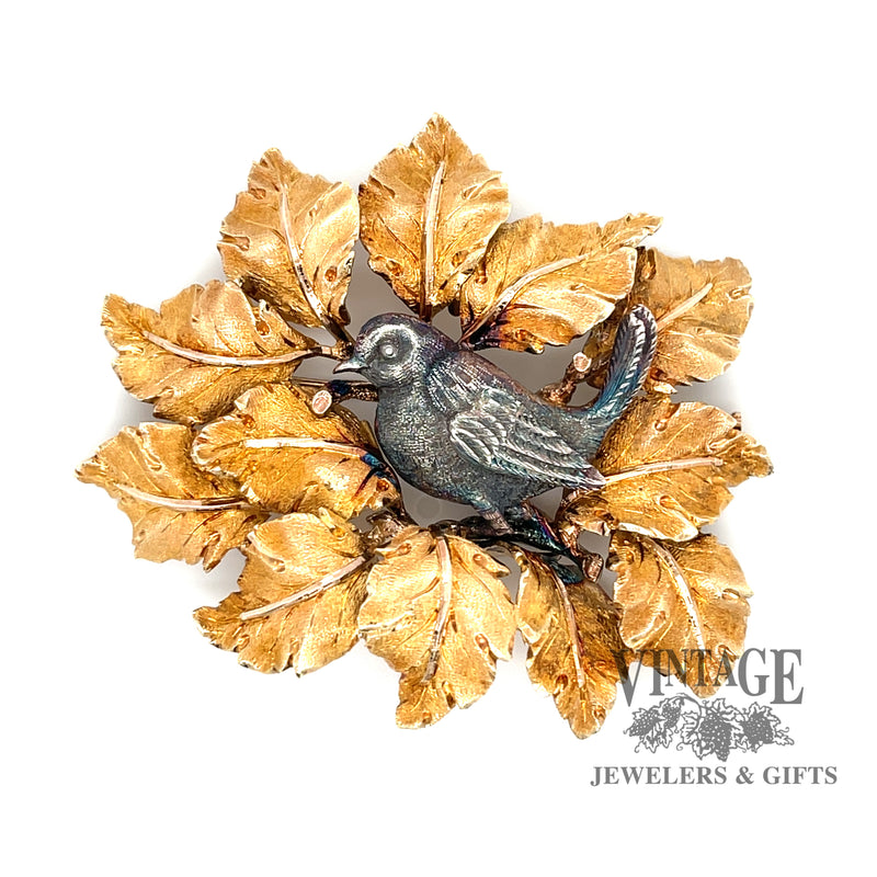 Buccellati 18 karat yellow gold bird in leaves pendant or pin
