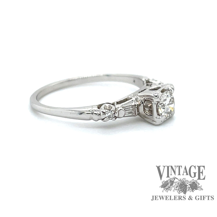 14 karat white gold vintage estate diamond engagement ring, side view