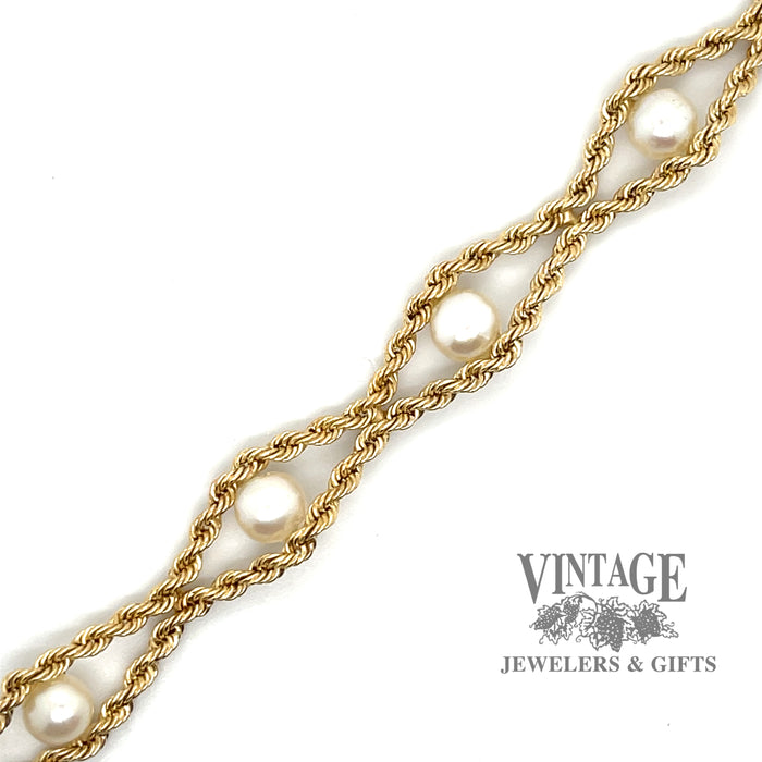10 karat yellow gold pearl hollow rope station  bracelet