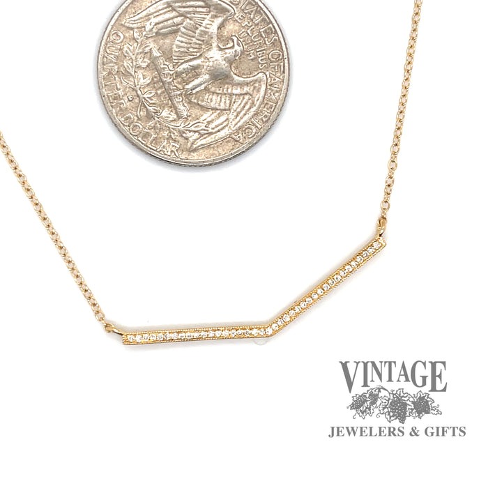 Diamond chevron 14ky gold bar necklace quarter for scale