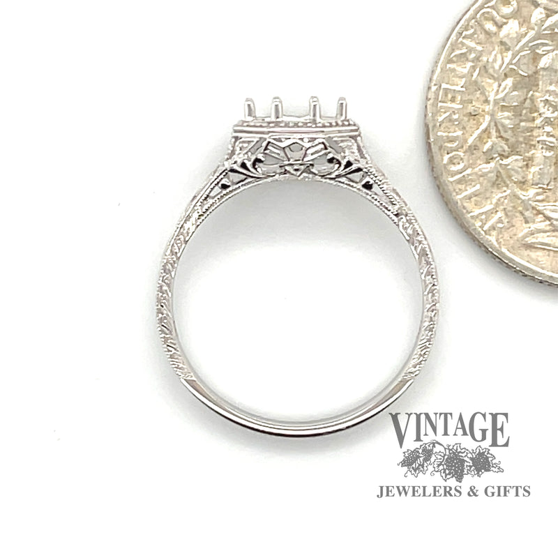 14 karat white gold octagonal shape filigree solitaire ring mounting, side view through ring, shown with quarter for size reference