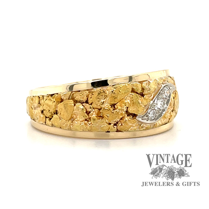 14 karat yellow gold band ring with diamonds and natural Gold nugget inlay, angled view