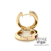 14 karat yellow gold Ruby and diamond huggie hoop earrings, side view