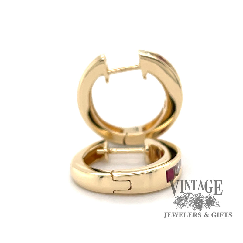 14 karat yellow gold Ruby and diamond huggie hoop earrings, side view