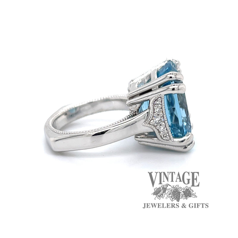 14 karat white gold custom Aquamarine and diamond ring, side view