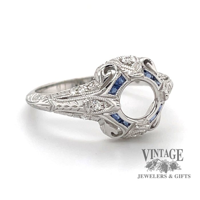 14 karat white gold hand engraved diamond and sapphire ring semi mount, angled view