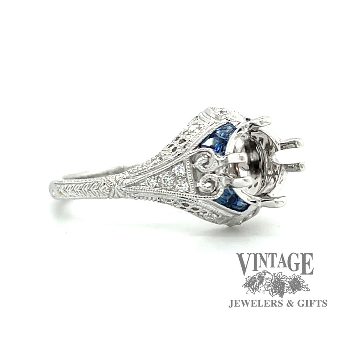 Filigree hand engraved sapphire and diamond vintage inspired 14kw gold ring