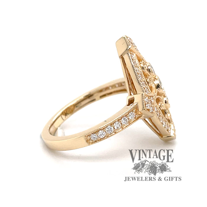 Marquise shaped filigree diamond 14ky gold ring side