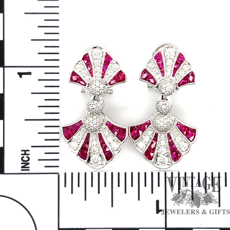 Ruby and diamond Art Deco inspired 14kw gold drop earrings