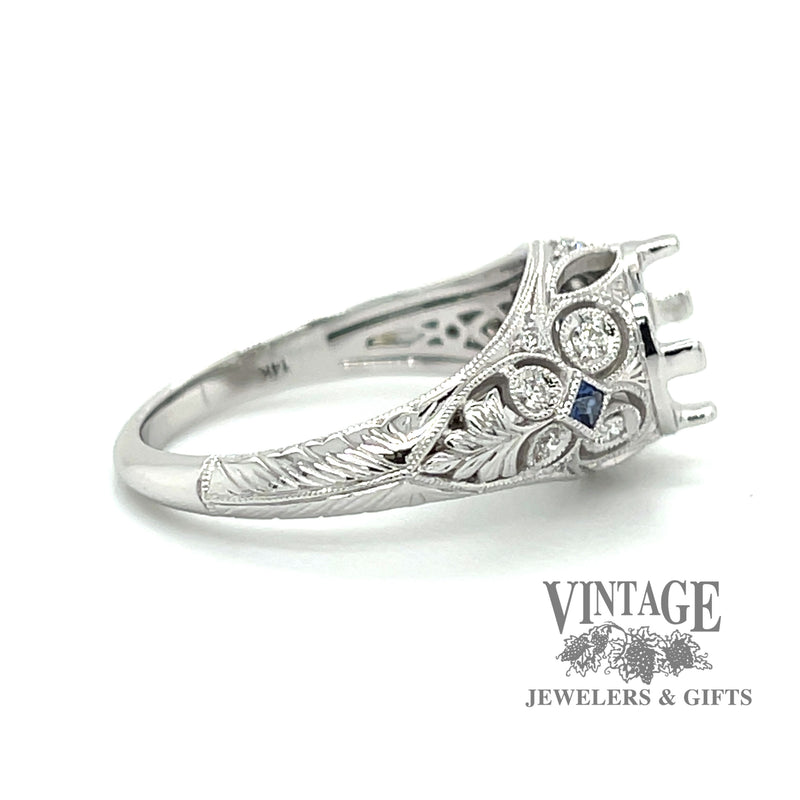 14 karat white gold diamond and sapphire vintage inspired ring mounting, side view