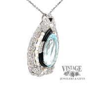 18 karat white gold Art Deco Aquamarine, diamond and pearl pendant/pin, angled view