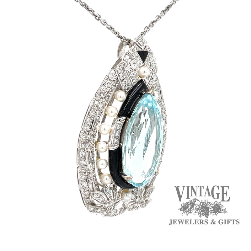 18 karat white gold Art Deco Aquamarine, diamond and pearl pendant/pin, angled view