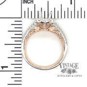 14 karat rose gold and white gold diamond halo engagement ring semi-mount with measurement