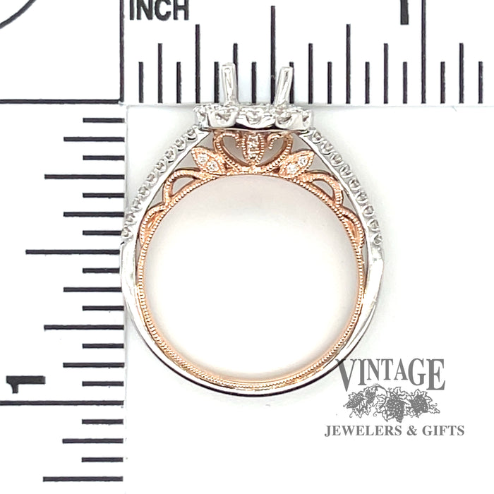 14 karat rose gold and white gold diamond halo engagement ring semi-mount with measurement