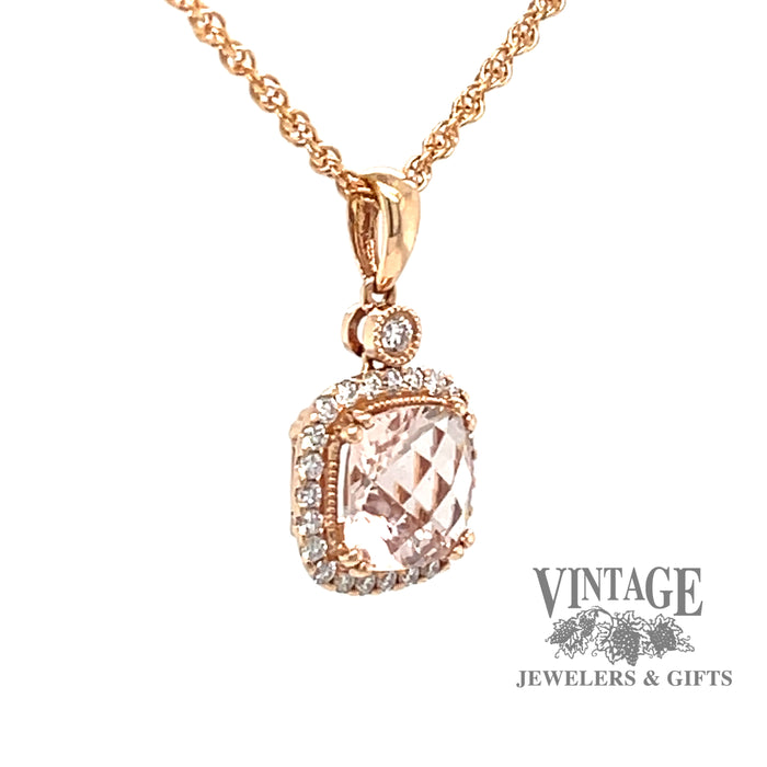 14 karat rose gold 1.09ct Morganite and diamond halo pendant, angled view