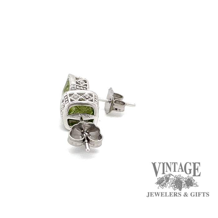 14 karat white gold checkerboard cut peridot stud earrings, back and side view