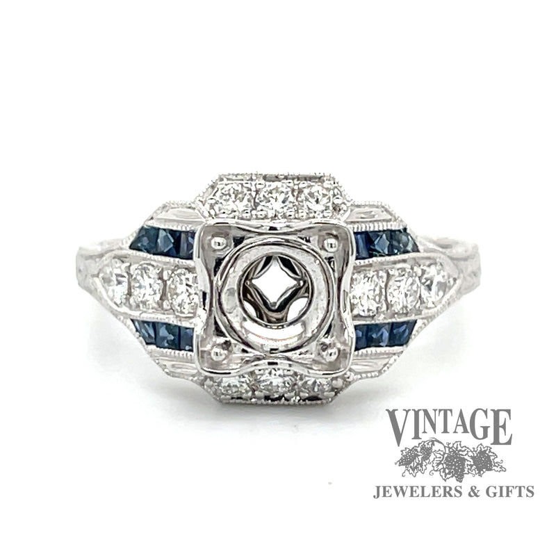 Diamond and sapphire hand engraved white gold semi-mount ring