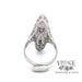 18 karat white gold vintage filigree elongated sapphire and diamond ring, rear/inside view
