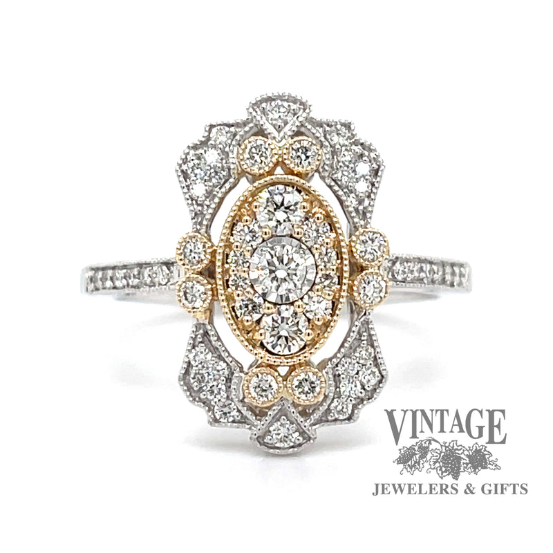 14 karat two tone .50ct vintage inspired diamond cluster ring