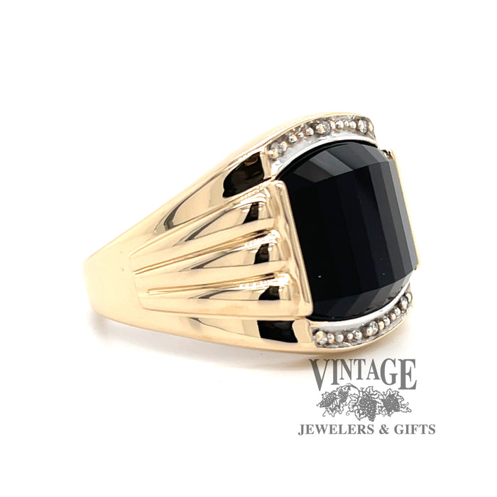 14 karat yellow gold faceted onyx and diamond tapered ring, angled view