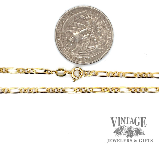 22”, 2.4mm width 10ky gold figaro chain quarter for scale