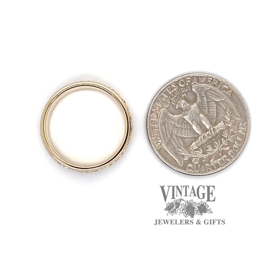 Floral embossed pattern 14ky gold ring quarter for scale