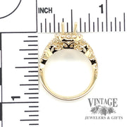 14 karat yellow gold braided shank diamond halo semi-mount ring, with measurement