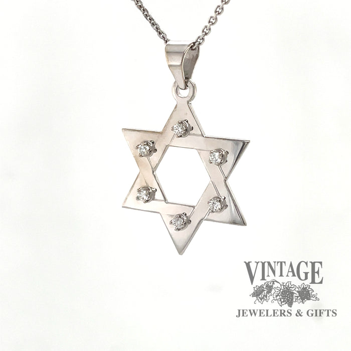 14 karat white gold Star of David pendant with diamonds, angled view
