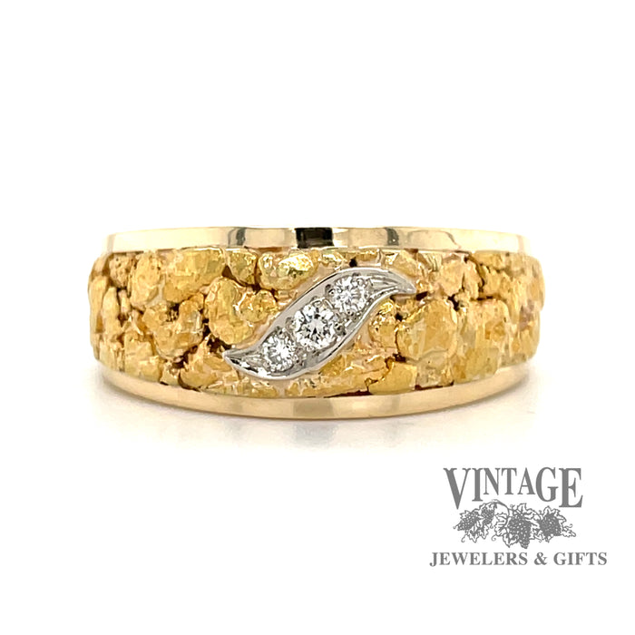 14 karat yellow gold band ring with diamonds and natural Gold nugget inlay 