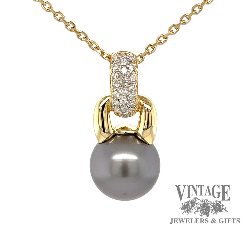 18 karat yellow gold Tahitian pearl enhancer pendant with pave' set diamonds, front