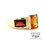 14 karat yellow gold Starburst cut citrine and pyrope garnet stone ring, angled view