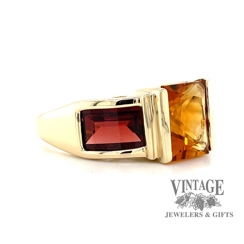 14 karat yellow gold Starburst cut citrine and pyrope garnet stone ring, angled view