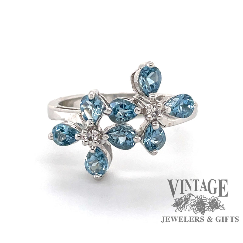 14 karat white gold pear shaped aquamarine flower ring, ront view