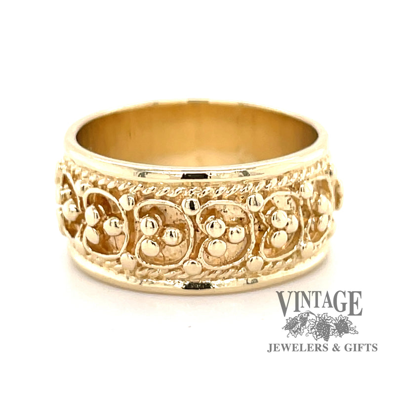 14 karat yellow gold wide estate beaded design band ring