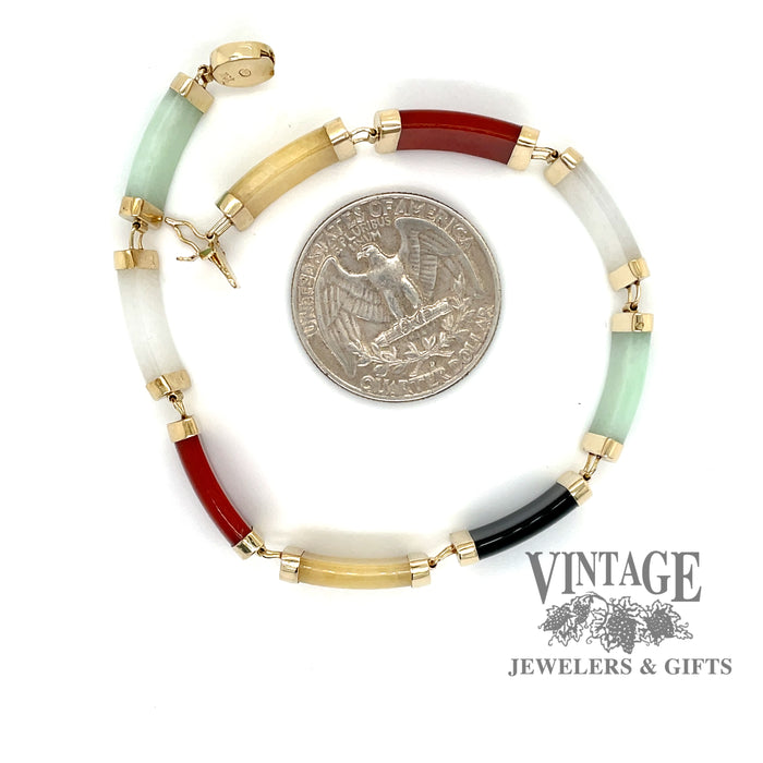 Multi color jadeite bracelet in 14 ky gold quarter for scale