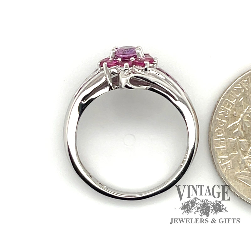 14 karat white gold Pink tourmaline and sapphire ring, shown with quarter for size reference
