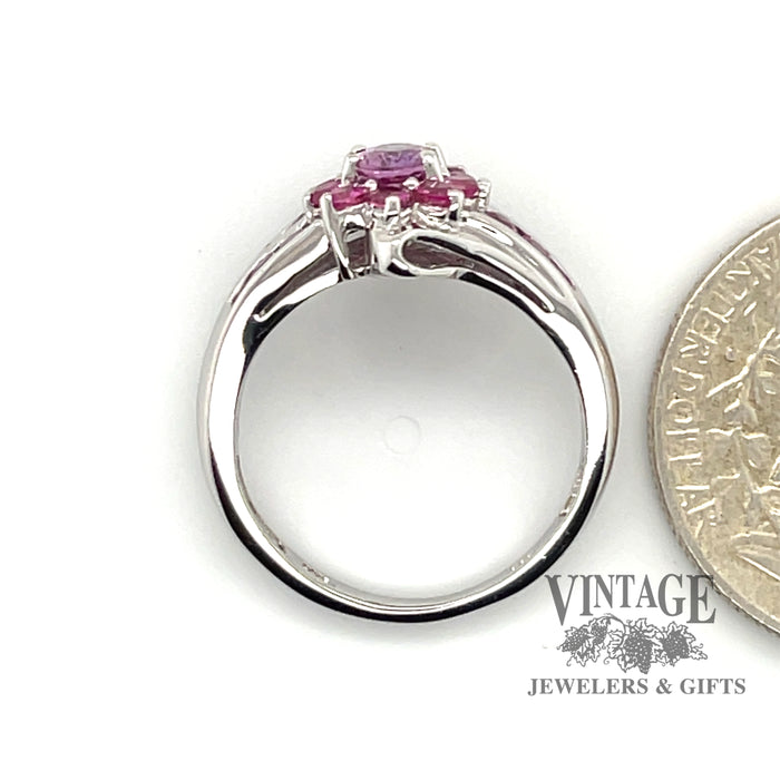 14 karat white gold Pink tourmaline and sapphire ring, shown with quarter for size reference