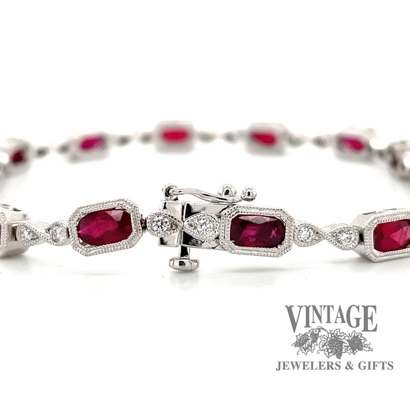 14 karat white gold ruby and diamond link bracelet, clasp close up