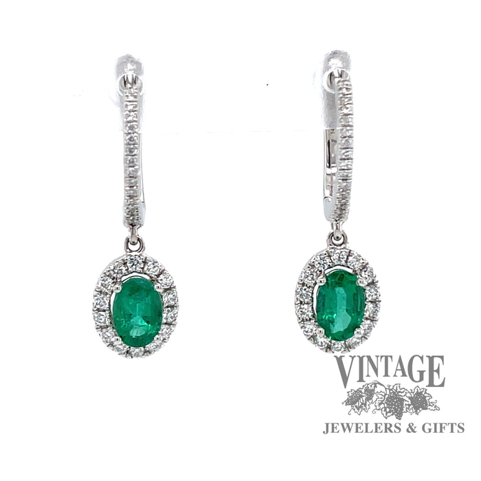 .90ctw Emerald halo diamond drop white gold earrings