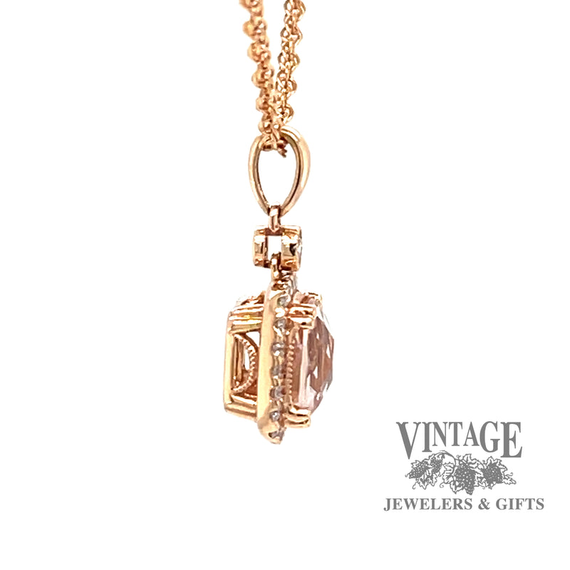 14 karat rose gold 1.09ct Morganite and diamond halo pendant, side view