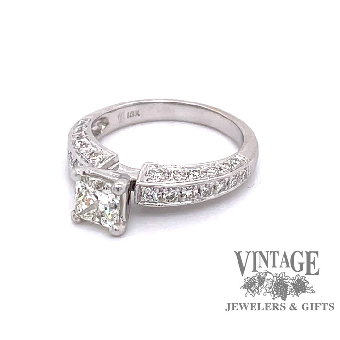 18 karat white gold princess cut diamond engagement ring, angled view